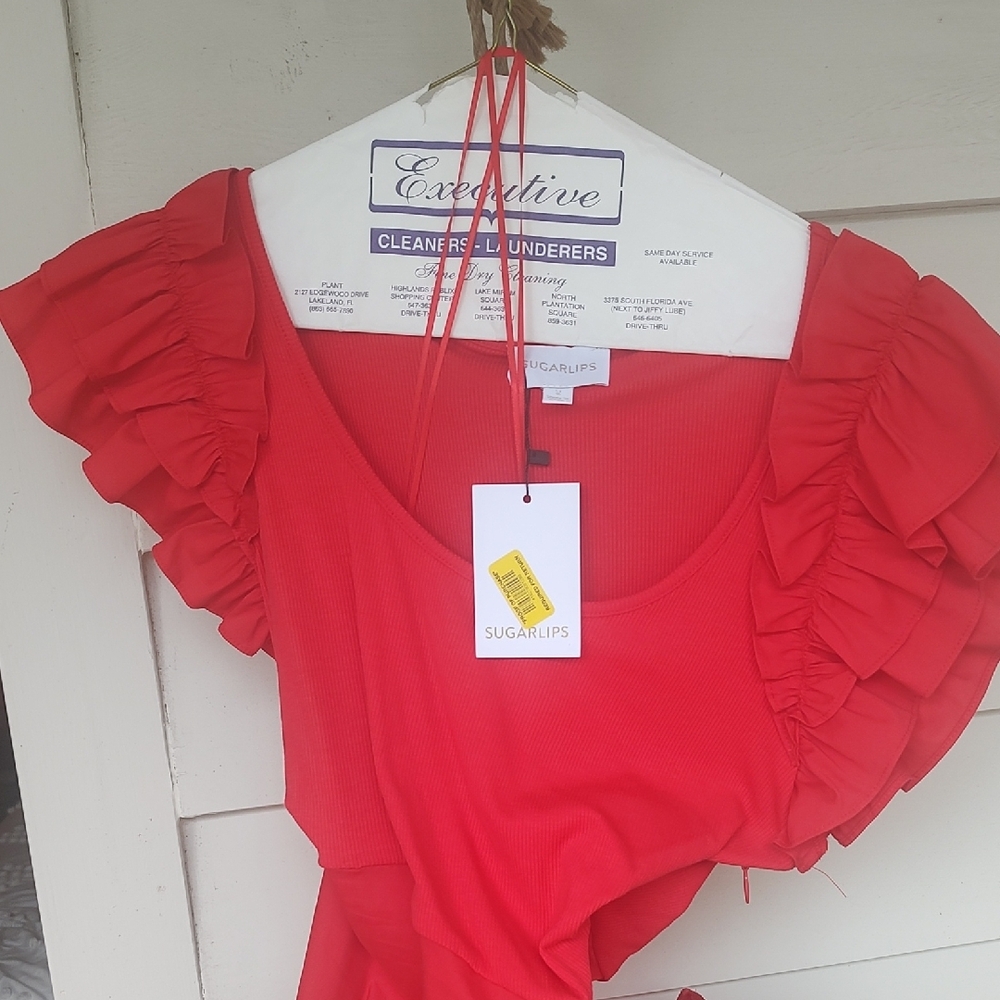 NWT Sugarlips Red Ruffle Sleeve Dress M - Picture 2 of 5